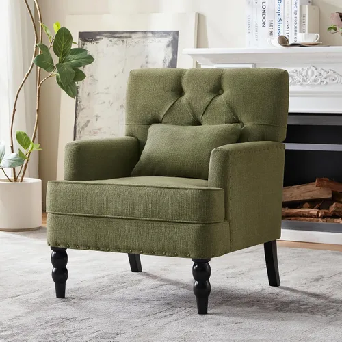 Vista 11 de HUIMO Silla de Club Acolchada, Silla de Acento con Almohada Lumbar, Sillón Tapizado con Botones, Sillas de Sofá de Tela de Lino para Dormitorio
