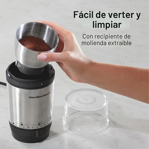 Vista 4 de Hamilton Beach Molinillo de café eléctrico Custom Grind para 4 a 14 tazas, operación de una pulsación sin usar las manos con apagado automático