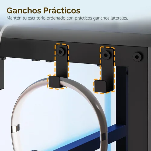 Vista 8 de YATINEY Escritorio pequeño para computadora con estación de carga y luces LED, escritorio para juegos con soporte para monitor, escritorio