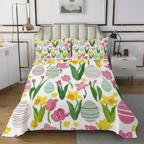 Vista 6 de Juego de colcha acolchada de lindo pollito, naranja y amarillo, diseño de flores de retazos, huevos de Pascua azules, tamaño individual, flores