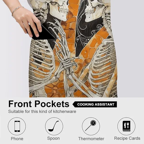 Vista 5 de MUSM Apron for Adults - 27.6 X 31.5 Inch, Heavy-Duty Polyester Aprons with Two Large Pockets, Waterproof Two Dancing Skeletons Kitchen Apron for