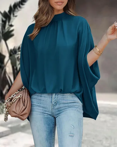 Vista 27 de BTFBM Blusas de verano para mujer, cuello alto falso, manga murciélago, holgadas, dobladillo alto y bajo, blusas informales de gran