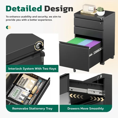 Vista 4 de Greenvelly Archivador móvil de 3 cajones con cerradura, archivador de metal sobre ruedas, archivador debajo del escritorio para organizador de Negro