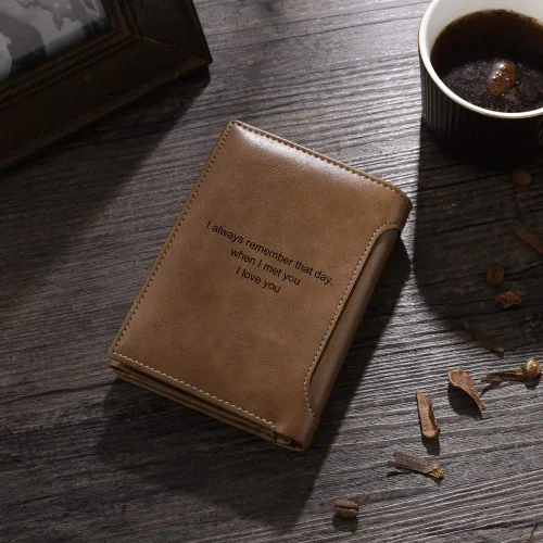 Vista 31 de Carteras personalizadas para hombres, cartera personalizada para hombre con imagen grabada y nombre, billetera delgada de cuero plegable, regalos