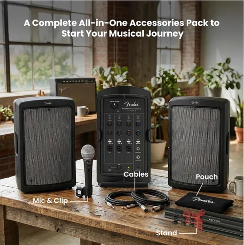 Vista 2 de Fender Paquete de sistema PA portátil Passport Conference S2 con kit de micrófono, soportes de altavoz compactos y cable de instrumento