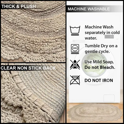 Vista 5 de Chardin home Alfombra de baño de ganchillo beige, alfombra de baño ovalada 100% algodón con borde de ganchillo artesanal hecho a mano, alfombra