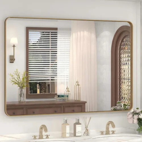 Vista 45 de Espejo rectangular para pared de baño de 20x30 pulgadas con marco negro mate, espejo de tocador con esquinas redondeadas, espejo de baño de metal