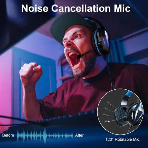 Vista 6 de TYUOBOX - Auriculares para juegos con micrófono para PS4 Xbox One PC auriculares con micrófono cancelación de ruido luz LED sonido envolvente