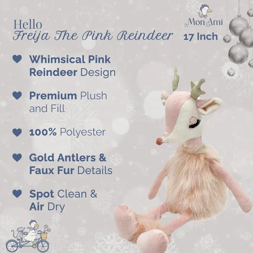 Vista 2 de MON AMI Freija The Pink Reindeer Plush – Juguete de reno rosa suave de 17 pulgadas con piel sintética y cuernos dorados Peluche navideño
