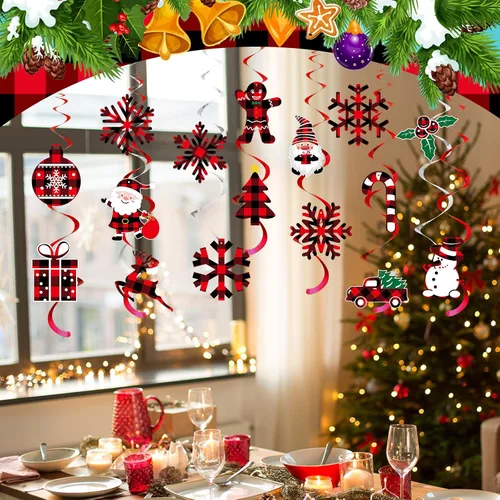 Vista 6 de Epakh 34 piezas de remolinos colgantes de Navidad, espirales colgantes de Navidad, remolinos de búfalo a cuadros, pancarta de Navidad para colgar