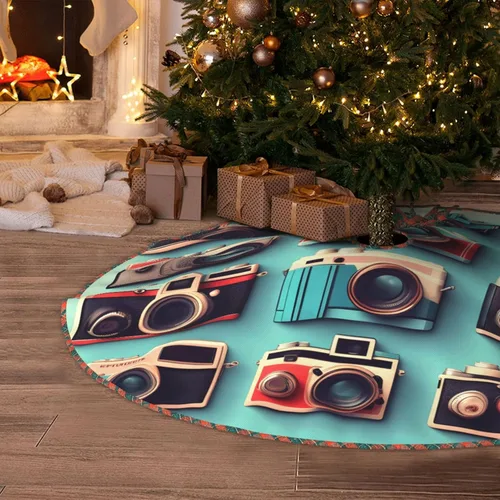 Vista 6 de Retro Cool Camera Collection Print Christmas Scalloped Tree Skirt, Farmhouse Style Tree Carpet for Xmas Indoor Holiday Decor