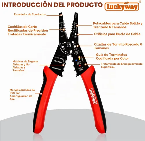 Vista 2 de Luckyway Herramienta profesional para pelacables/engarzado de cables de 8 pulgadas, cortador de alambre de 10-22 AWG, crimpadora de cables
