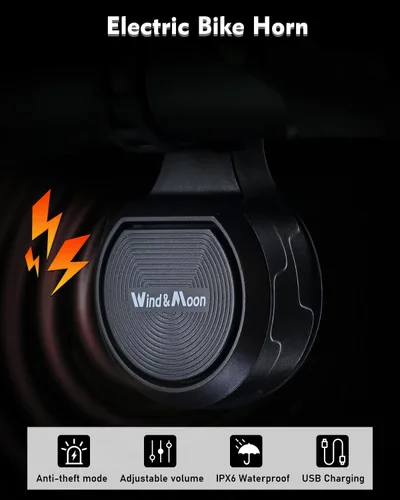 Vista 2 de Wind&Moon Timbre de bicicleta eléctrica, alarma antirrobo ajustable de 80-130 DB, IPX6 impermeable con bocina de scooter recargable USB, campana