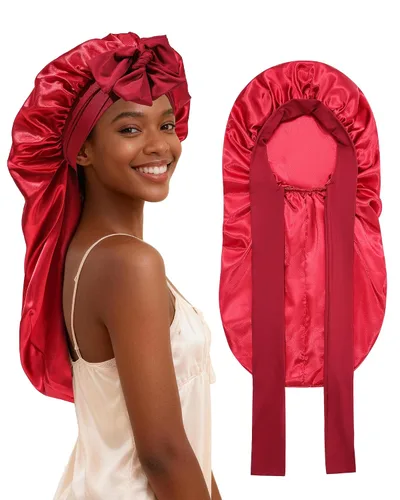 Vista 22 de AWAYTR - Gorro de satén para trenzas y cabello largo durmiendo para mujeres Long Satin Sleep Cap With Adjustable Tie Band, Protecting Braids Curly