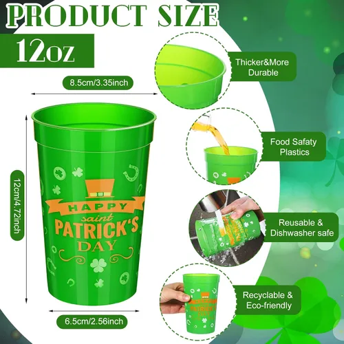 Vista 2 de Meanplan 36 tazas de plástico para el Día de San Patricio de 12 onzas de plástico verde trébol reutilizables a granel para niños y adultos