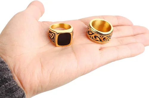 Vista 7 de FINREZIO Juego de 2 anillos chapados en oro de 18 quilates para hombre, de acero inoxidable, vintage, con sello y anillo de banda, tamaño 7-13, Metal
