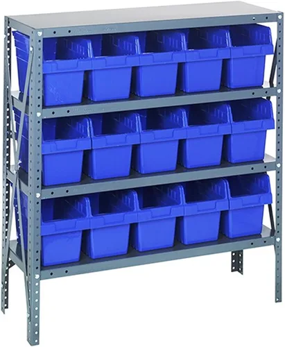 Vista 581 de Quantum QSBU-245BK Heavy Duty Shelving Unit with (7) Shelves and (24) QUS245 Black Bins for Garage Warehouse Storage Distribution 400 lb Load