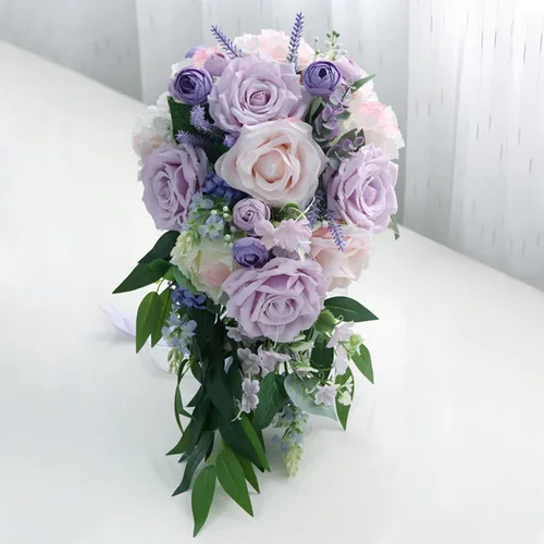 Vista 3 de MOJUN Ramos de boda para novia, rosa morada, taro, gota de agua, ramo de novia en cascada para novia, ramo de novia en cascada para ceremonia de F