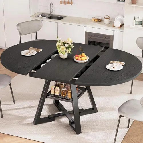 Vista 10 de Mesa de comedor redonda extensible de 43 a 57 pulgadas para 4-6, moderna mesa de comedor ovalada de cocina industrial con hojas extraíbles, base