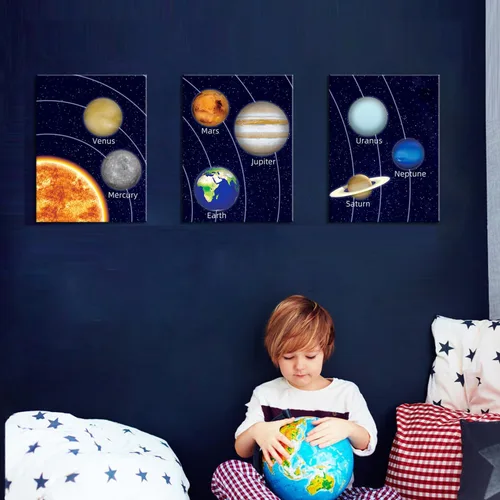 Vista 2 de KAIRNE Juego de 3 pinturas artísticas enmarcadas para habitación espacial de niños (12 x 16 pulgadas), imágenes de planetas, sistema solar, póster