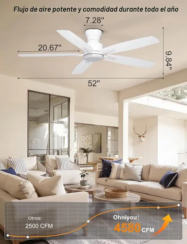 Vista 2 de Ohniyou Ventilador de techo de perfil bajo de 52 pulgadas, sin luz, para Blanco