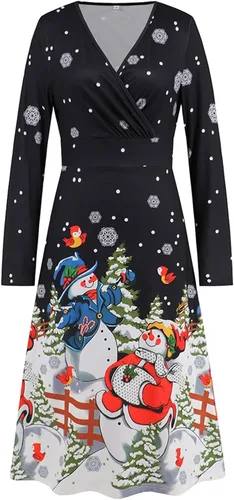 Vista 6 de Vestidos de Navidad para mujer, de manga larga, casual, falda de cóctel, fiesta, acampanado, vestido de Navidad, vestido midi para fiesta