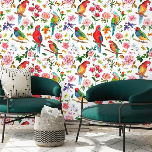 Vista 5 de Papel tapiz de 24 x 118 pulgadas de ancho, diseño floral de peonía y pájaro, papel tapiz de hojas de vinilo extraíble, autoadhesivo de mariposa
