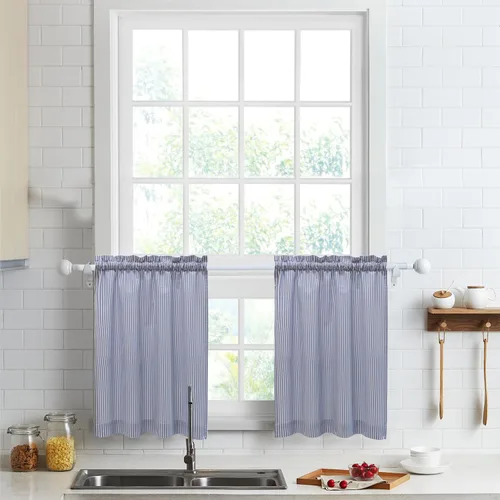 Vista 13 de Cortinas de nivel de algodón July Joy de 24 pulgadas de largo, cortinas de cocina de estilo rústico, bolsillo para barra para ventana pequeña