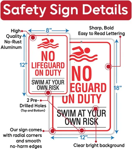 Vista 3 de Letrero de metal con texto en inglés «No Lifeguard on Duty, Swim At Your Own Risk– Uso en interiores y exteriores – Aviso de seguridad en el agua