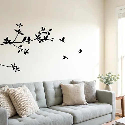 Vista 2 de Vinilo decorativo para pared con dibujo de aves volando y ramas de árboles Negro