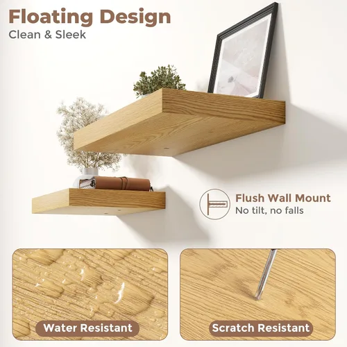 Vista 4 de Juego de 2 estantes flotantes de 16 pulgadas para pared, estantes de baño de grano de madera de 12 pulgadas de profundidad con soportes invisibles