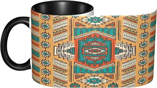 Vista 4 de Taza de café grande de cerámica, taza única tribal, patrón de tribu secreta azteca india, bohemio, 11 onzas, para oficina y hogar, naranja y verde