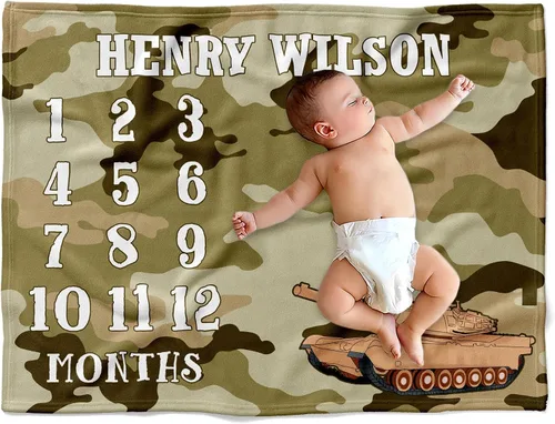 Vista 12 de Manta de bebé del ejército personalizada, colcha militar de camuflaje para bebé, ropa de cama temática de equipo táctico de felpa suave, recuerdo