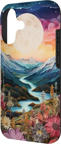 Vista 2 de Boho Chic Floral Moon Mountain Landscape Cute Pastel Design Case for iPhone 17