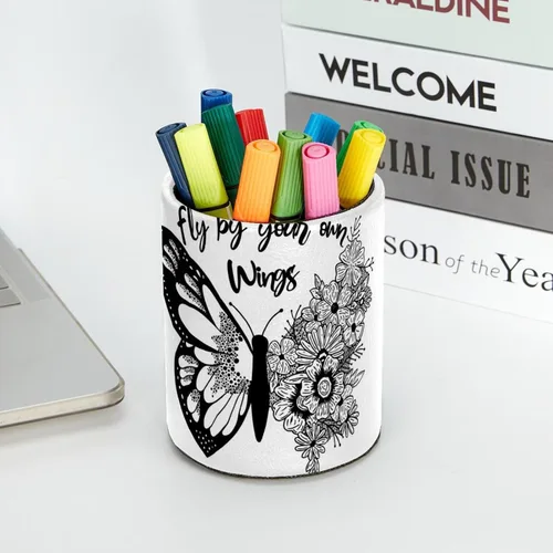 Vista 5 de Soporte para bolígrafos de flores de mariposa en blanco y negro, soporte para lápices de cuero de PVC para escritorio, organizador de escritorio