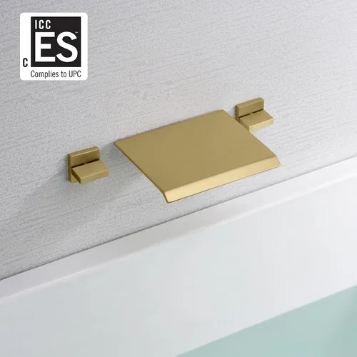 Vista 2 de SUMERAIN Grifo de bañera de cascada para montaje en pared con válvula, grifo de bañera cubierto en oro cepillado, llenador de bañera de 3 orificios
