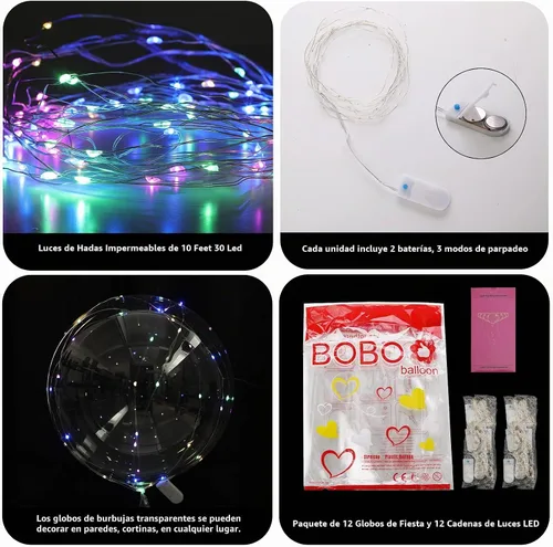 Vista 5 de Paquete de 18 globos LED iluminados, batería de celda incluida, 3 modos intermitentes, 18 luces de cadena y 18 globos transparentes, perfectos