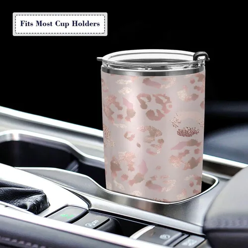 Vista 5 de Vaso de acero inoxidable aislado al vacío de doble pared, simple termo con estampado de leopardo, guepardo, oro rosa, taza de viaje para café