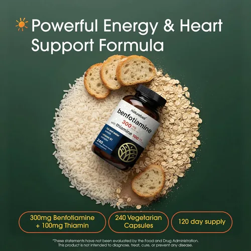 Vista 2 de NatureBell Benfotiamina con tiamina - 240 cápsulas vegetarianas - 300 mg de benfotiamina y 100 mg de tiamina - para la salud del corazón, producción