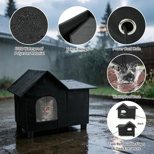 Vista 3 de Casa grande con calefacción para gatos para exteriores, casa elevada para gatos climatizada al aire libre, resistente a la intemperie, refugio