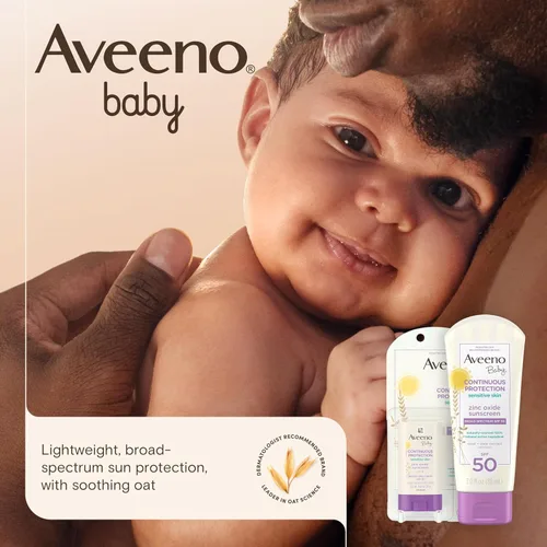 Vista 2 de Aveeno Baby Loción de protección solar mineral de óxido de zinc para pieles sensibles, amplio espectro SPF 50, sin desgarros, sudor y agua, sin