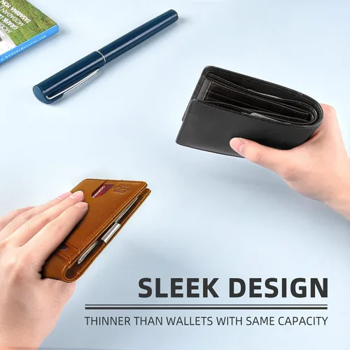 Vista 14 de Zitahli - Carteras delgadas con clip para dinero para hombre, tarjetero minimalista, de cuero, plegable, con bloqueo RFID, cartera de bolsillo