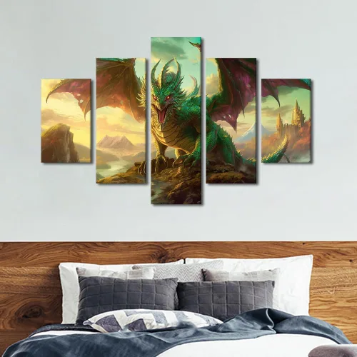 Vista 4 de Lienzo decorativo para pared de sala de estar, lienzo de dragón, 5 paneles, dragón verde, decoración de pared para el hogar, decoración de pared