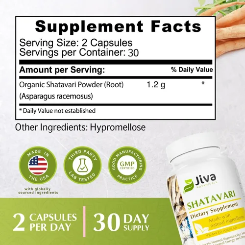Vista 4 de Jiva Botanicals Shatavari Cápsulas para mujeres – 1,200 mg de polvo orgánico Shatavari para el equilibrio hormonal, salud reproductiva de la mujer