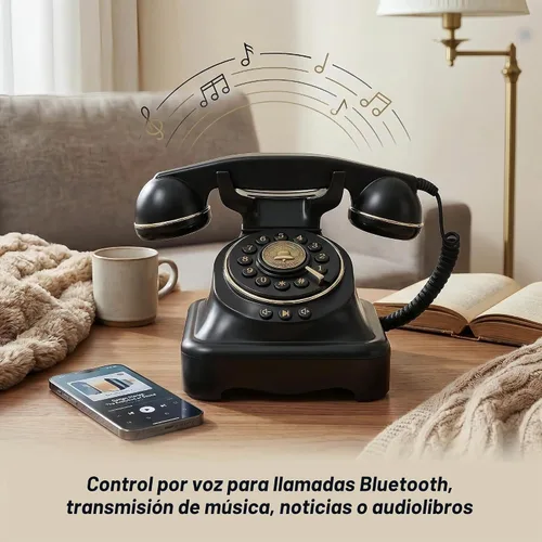 Vista 4 de Teléfono fijo Bluetooth Teléfono giratorio retro compatible con asistente de voz Diálogo inteligente, reproducción de música, llamadas manos libres