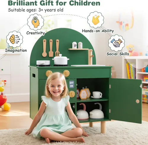 Vista 6 de Costzon Juego de cocina para niños, cocina con estufas, grifo, fregadero, microondas, gabinete, horno y accesorios de cocina, cocina de madera