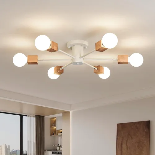 Vista 5 de Lámpara Sputnik Boho de 6 luces semiempotrada para techo, lámpara de techo de madera y blanca para comedor, sala de estar, dormitorio, cocina