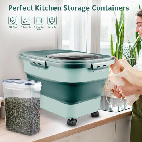 Vista 4 de Komzon Contenedores de almacenamiento de arroz, dispensador plegable de 20 a 30 libras de almacenamiento de alimentos con rueda rodante y tapa