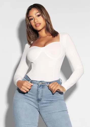 Vista 3 de Trajes de cuerpo para mujer, con control de abdomen, manga larga, cuello en V, color negro y blanco
