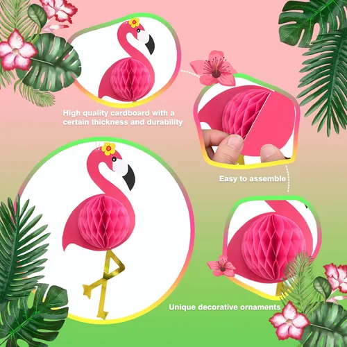 Vista 4 de Decoraciones de fiesta de flamenco tropical, kit de fiesta de hojas de palma de loro, incluye linternas de papel de nido de abeja de flamenco
